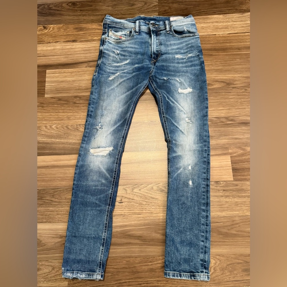 Diesel Distressed Tepphar J Stretch Slim Carrot 5 Pocket Zip Denim Jeans 10Y